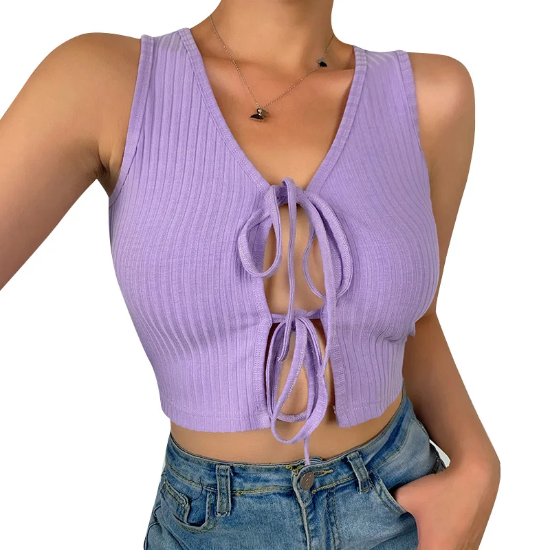 

Summer Sexy Crop Top, Short Solid Color Lace-up Slim Cardigan Tank Tops Ropa Mujer Wm*