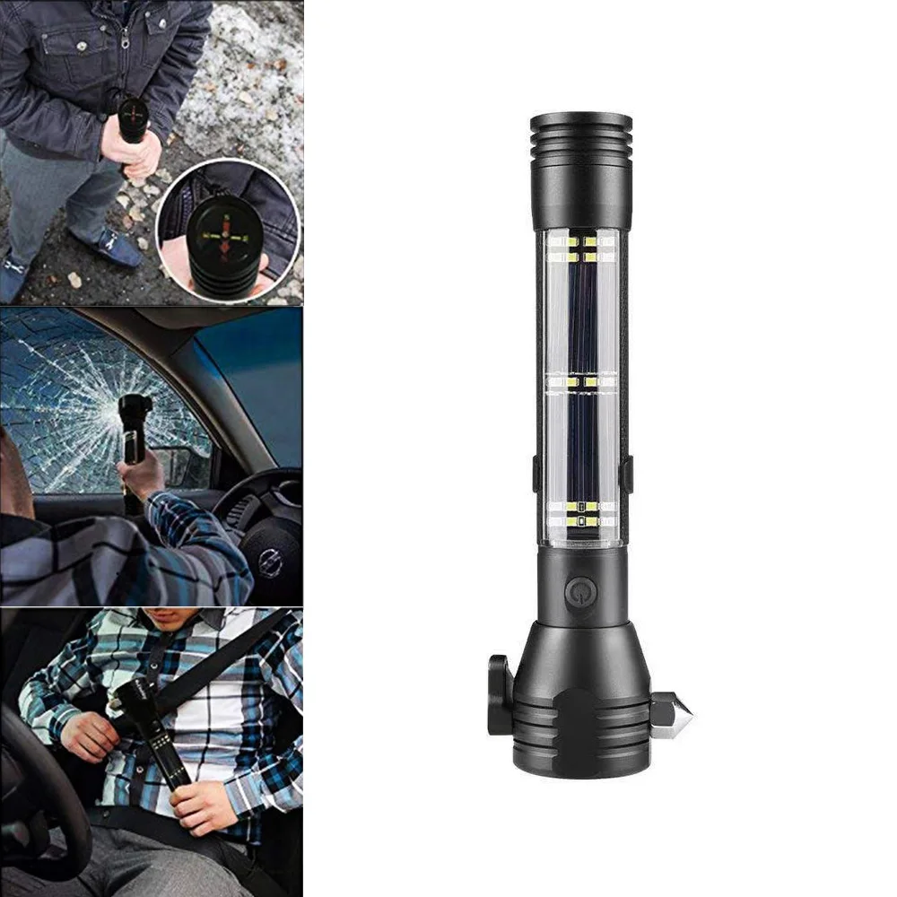 

Military Flashlight Glare Brighting USB Rechargeable Solar Multifunction Flashlight Outdoor Survival Tool With Alarm And Compass