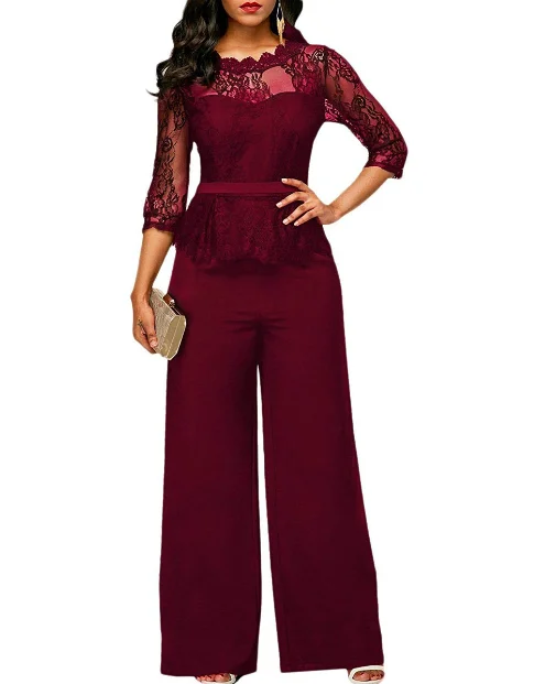 Elegant Sexy Jumpsuits Women Long Sleeve Lace Patchwork Loose Trousers Wide Leg Pants Rompers Holiday Leotard Overalls | Женская одежда