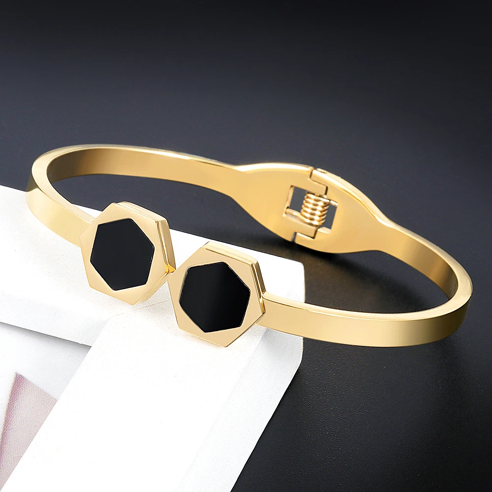 

Stainless Steel Hexagon Charm Women Bracelet Black Shell Opening Cuff Bangle Bracelet For Women Men Fashion Jewelry Gift