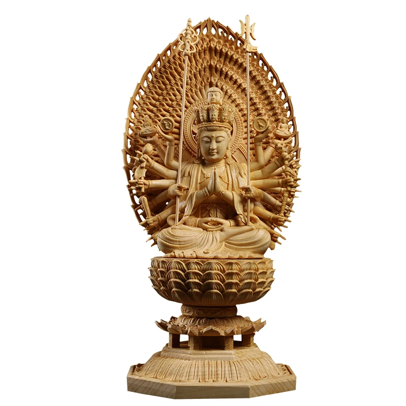 

Cypress Wood 28cm Thousand Hand Guanyin Sculpture Buddhist Temple Worship Solid Wood Buddha Statue Home Decor