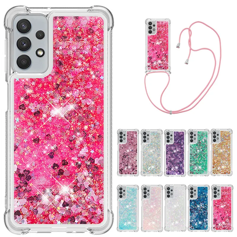 

Strap Lanyard Phone Case For Samsung Galaxy A12 A02S A32 5G A02 M02 A01 Core Cases Soft TPU Glitter Liquid Quicksand Back Cover