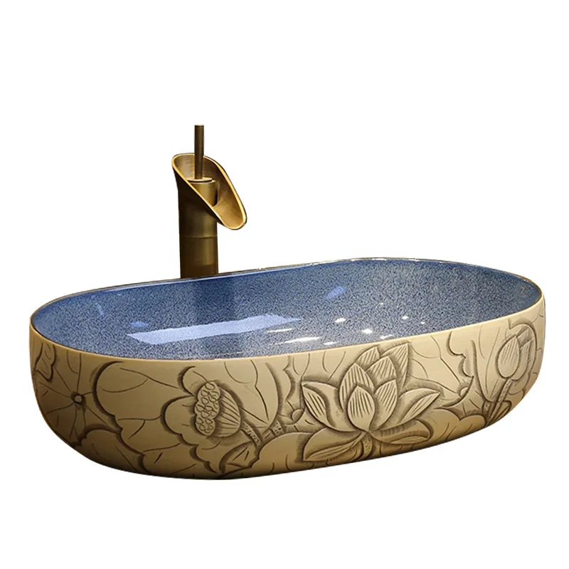 

Bathroom Sinks Art Ceramic Vessel Hotel Household Use Washing Basin Bowl Lotus Pattern Restore Ancient Ways Lavatary Sink