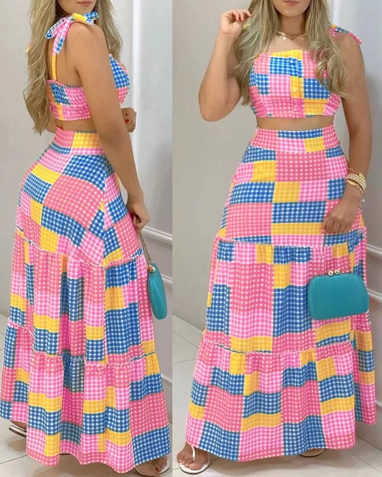 

2021 New Arrival Summer Women Two Pieces Sets Plaid Crop Top and Maxi Skirts Sets Causal Women Outfits Women Suit