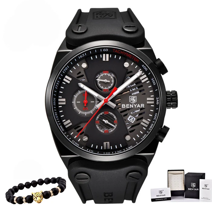 full black red Benyar часы мужские роскошные Топ бренд мужские s водонепроницаемые часы мужские спортивные наручные часы Мужские часы с кожаным ремешком Relogio Masculino - Цвет: full black red