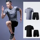 Мужская спортивная одежда, одежда для тренажерного зала, спортивные мужские колготки, Тренировочный Набор с коротким рукавом, тренировочный костюм для тренировок, бега, фитнес-оборудование, тренировочный костюм