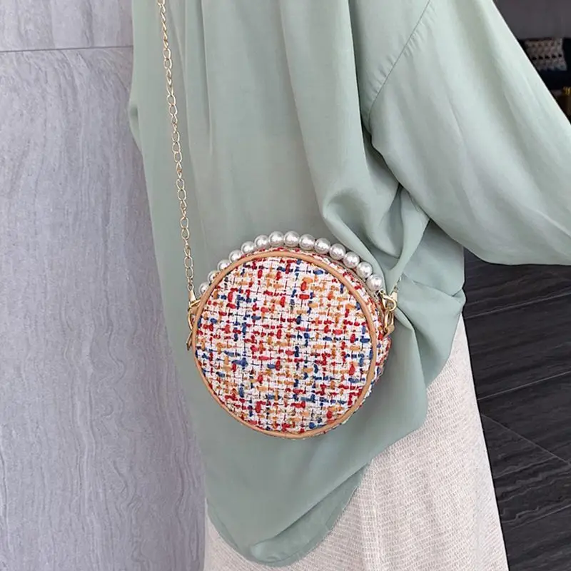 Шерстяная тканая маленькая круглая сумка на плечо женская для покупок Пляжная