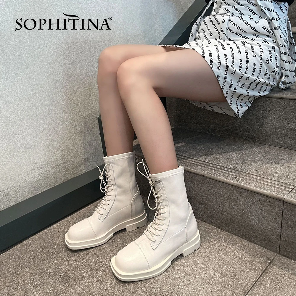 

SOPHITINA Women Stretch Boots Trend Flat Platform All-Match Shoes Genuine Leather Zipper Comfort Fashion Ankle Boots Lady FO929