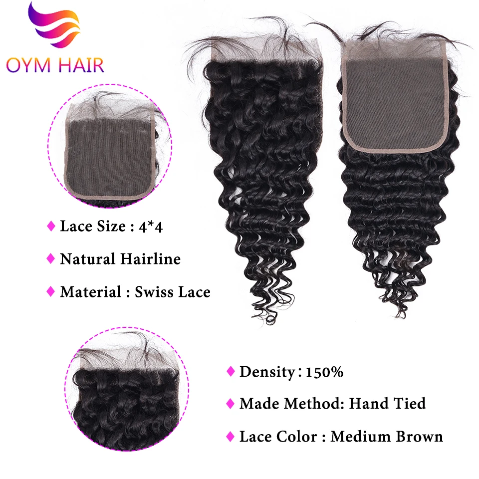 OYM волосы 4 шт./лот перуанские глубокая волна 3 пряди с закрытием не Реми двойные