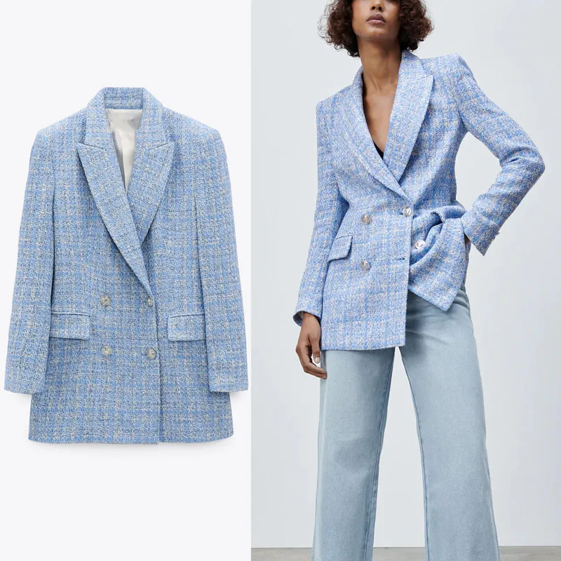 Женский текстурированный блейзер в клетку Za синие офисные блейзеры с длинным