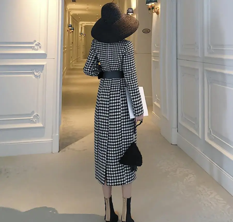 

Houndstooth double breasted x-long woolen coat women slim office lady overcoat