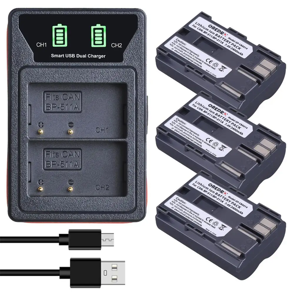 

BP-511 BP-511A BP 511 511A Battery + LED Charger with Type-C and Micro USB Port for Canon EOS 300D 40D 5D G6 L10 20D 30D 50D 10D