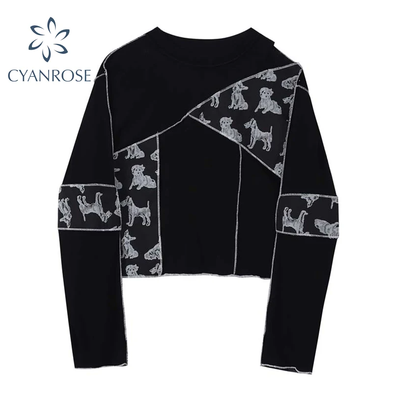 Футболка женская с длинным рукавом уличная одежда соединением Модный черный