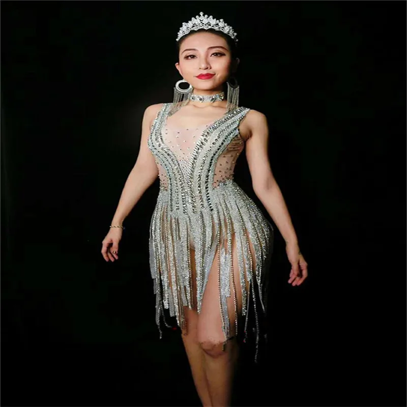 

X92 Female sexy pole dance dress sleeveless rhinestones bodysuit crystal tassels short jumpsuit stretch leotard tights dj wears