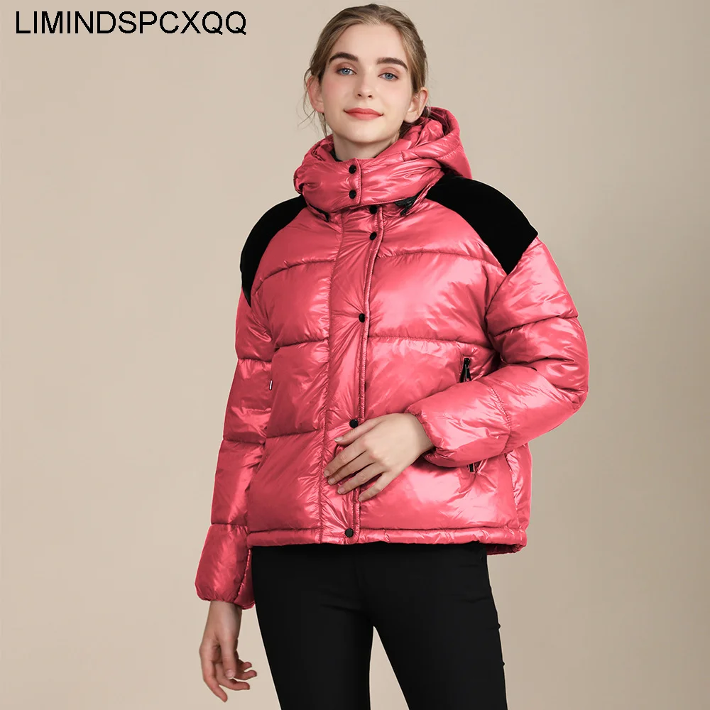 

Glossy Short Coats Parkas Feminimo De Inverno Plus Size Casual Cotton Clothes Removable Hooded Female Jackets Stand Loose Zipper