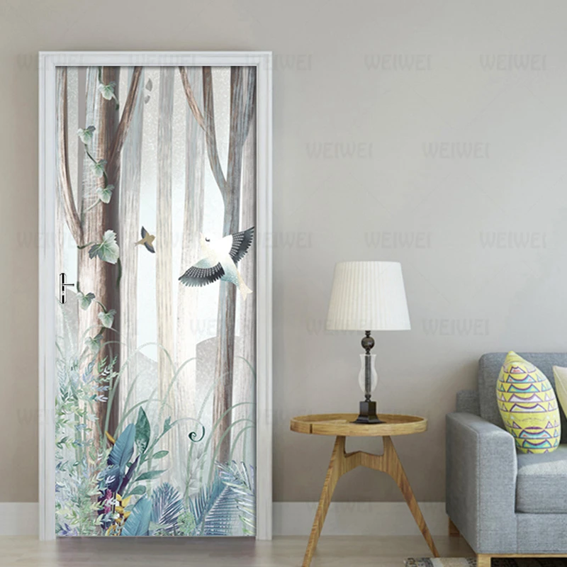 Наклейка на дверь сделай сам винтажные цветы птица фотообои ПВХ