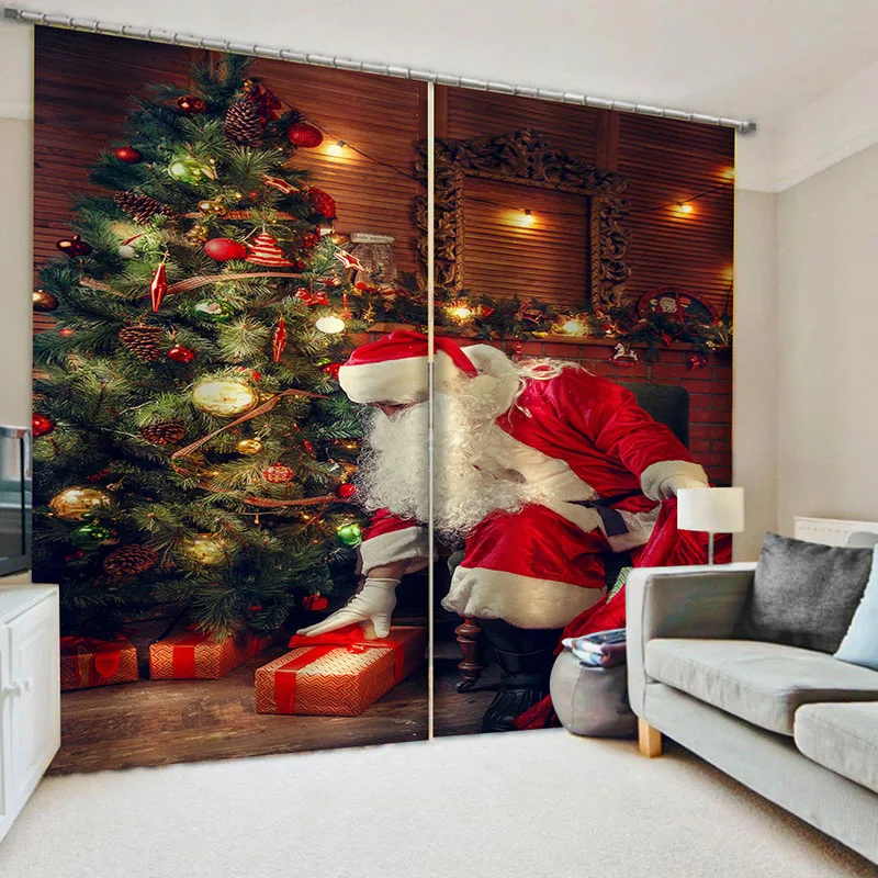 Cortinas de Janela Decoração para Casa Papai Noel Velho Cortina Feliz Ano Novo Natal Noite Sala Estar Quarto Cozinha Draps