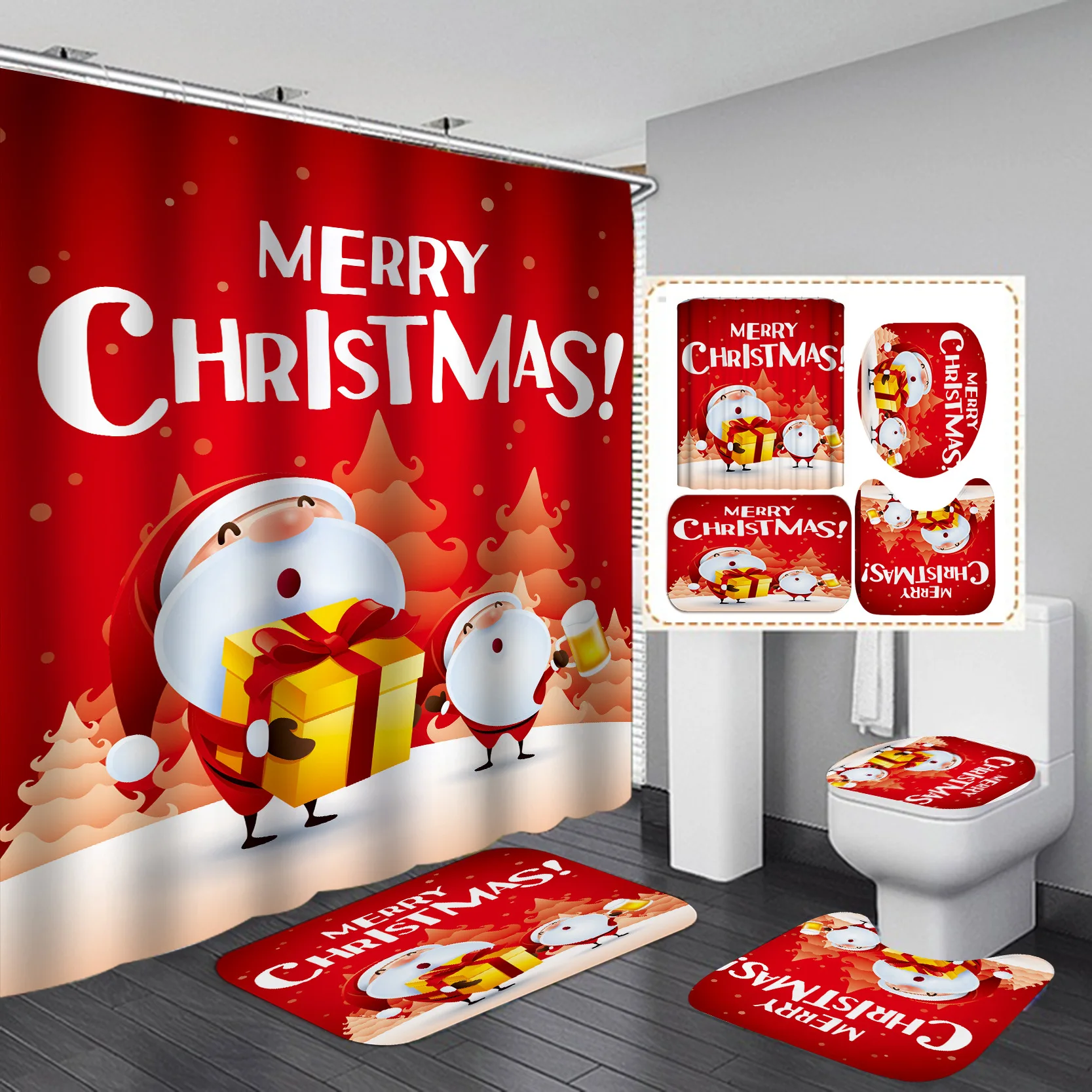 

4pcs Red Santa Claus Printed Christmas Shower Curtain Set w/ Bath Rug Mat Anti-slip Carpet Bathroom Waterproof Home Decor