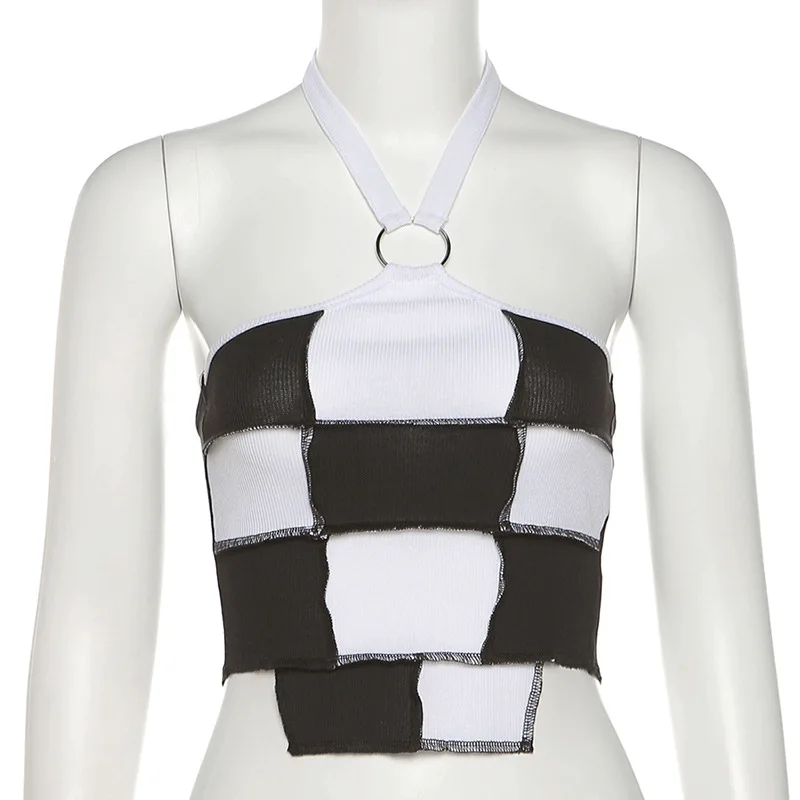 

Sexy Women Tank Tops Solid Color Grid Pattern Contrasting Slim Navel Fashion Halter Neck Ultrashort Vest Commute Casual Summer