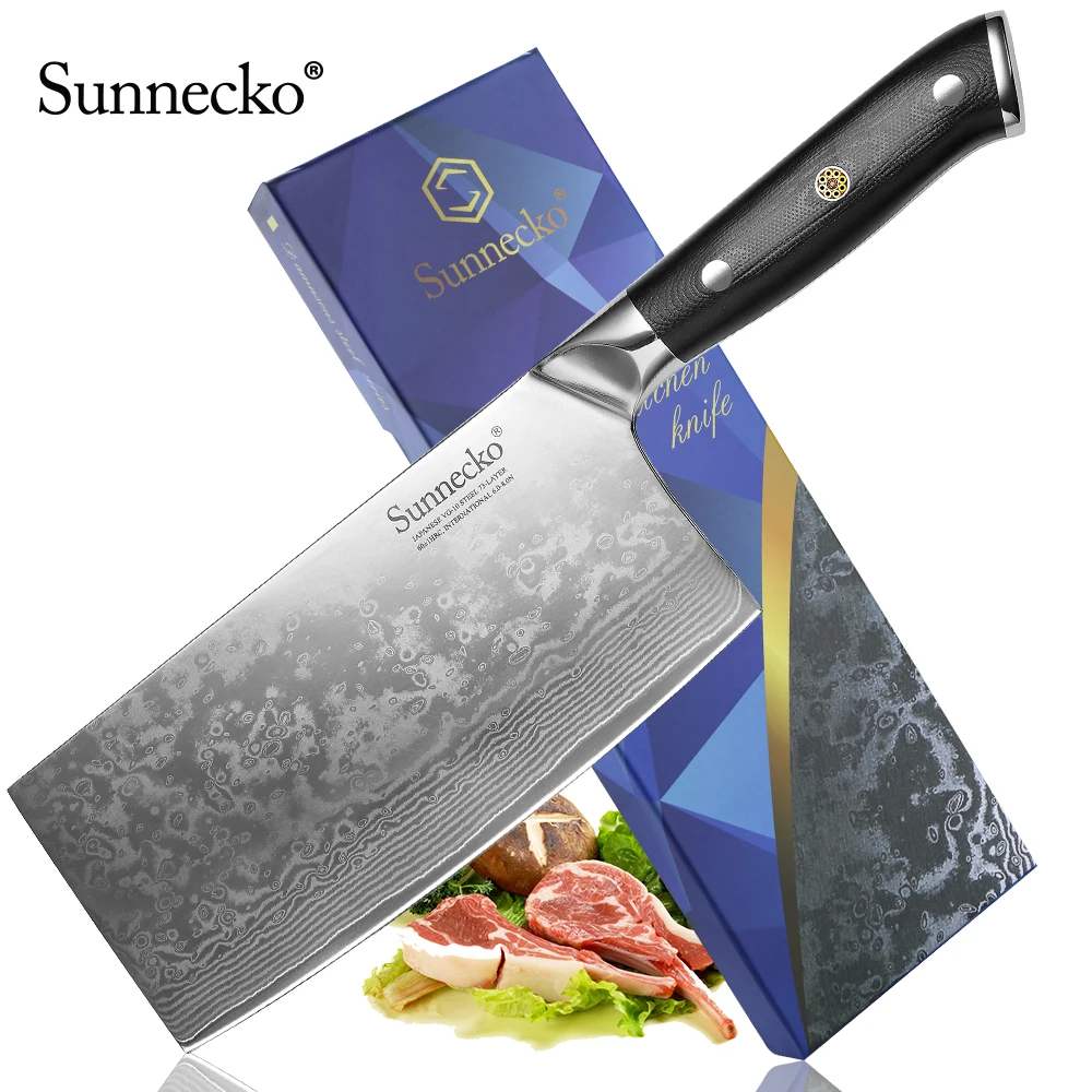 

Sunnecko 7" Cleaver Knife Japanese VG10 Steel Core Blade Damascus Chef's Cooking Knives G10 Handle Razor Sharp Meat Cutting