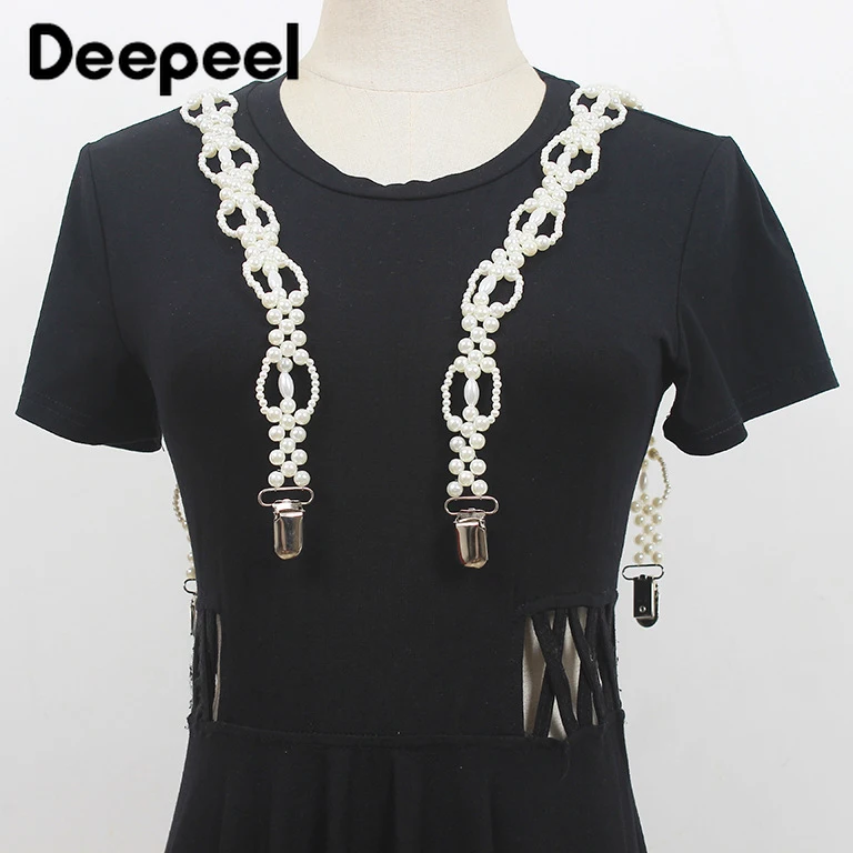 

Deepeel New Fashion 69*2 Pearl Chain Decoration Suspenders Straps Adjustable Trouser Bead Two Clip-on Pants Female Jockstrap