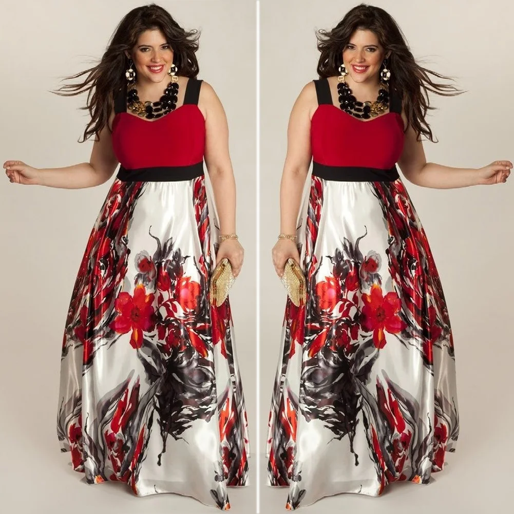 

Plus Size Women Floral Printed Long Dress Sleeveless Sexy Backless Halter V-neck Pullover Summer Beach Dress Sizes L-5XL