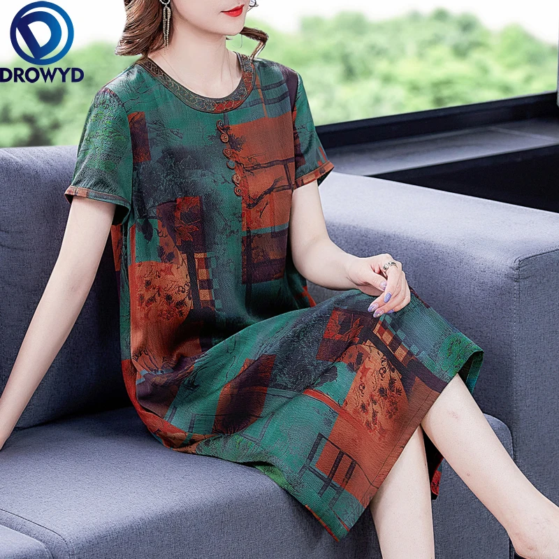 

Summer Casual O-neck Short Sleeve Midi Dress 2021 Vintage Loose Floral Silk Satin Dresses Elegant High Quality Party Vestidos