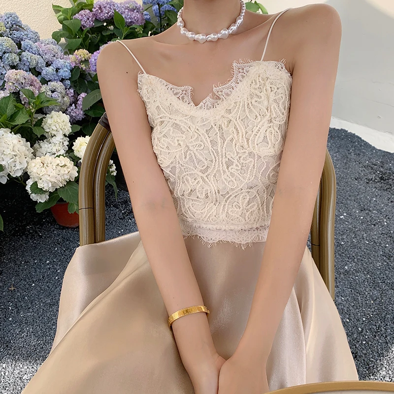 

Korejepo Women 2 Piece Set 2021 Summer Beach Sexy Elegant Fairy High Waist Mid-length Satin Multi-layer Flashing Silk Yarn Skirt