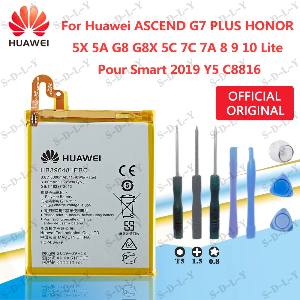

Original HB396481EBC Battery Huawei ASCEND G7 PLUS HONOR 5X Y6ii GR5 5A 7A/7C G8 G8X 8 9 10 LITE L03 UL00 TL00 AL00 3100mAh