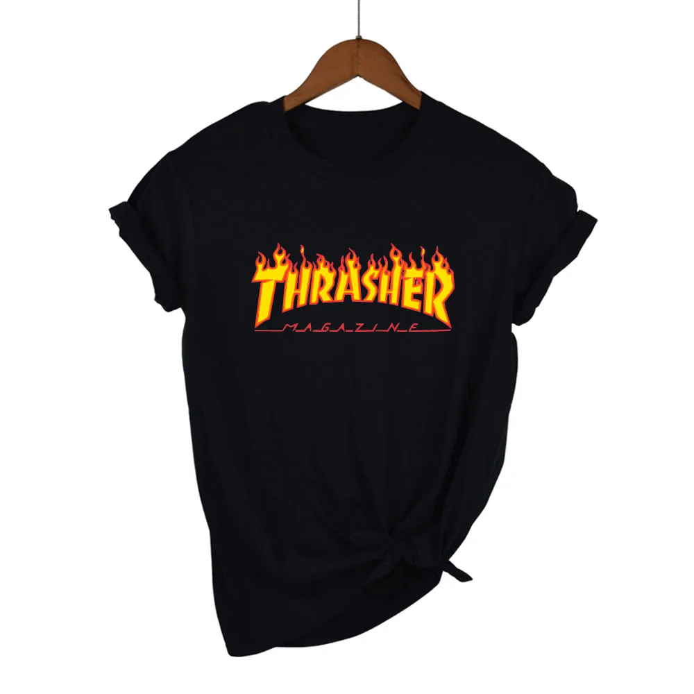

Multicolor couple style men's and women's cotton T-shirt decorated with Thrasher 2021 fire print