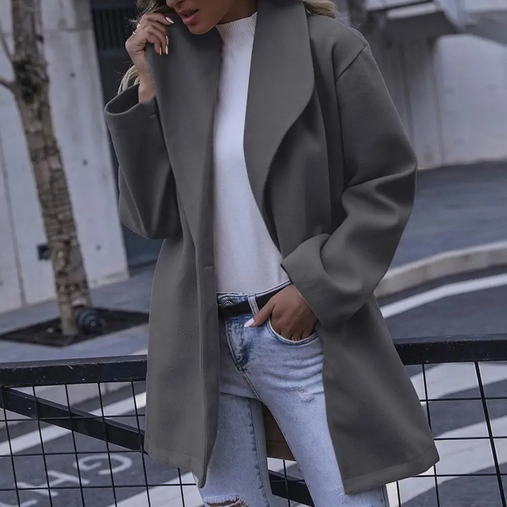 Однотонное Женское шерстяное пальто Свободное с длинным рукавом и отложным