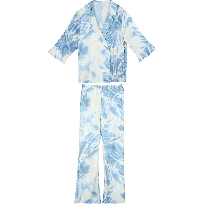 

Maison Gabrielle 2021 Spring Summer New Silk Satin Printed Pajamas Set Sleepwear Loungewear for Women 2 Pieces Long Sleeve