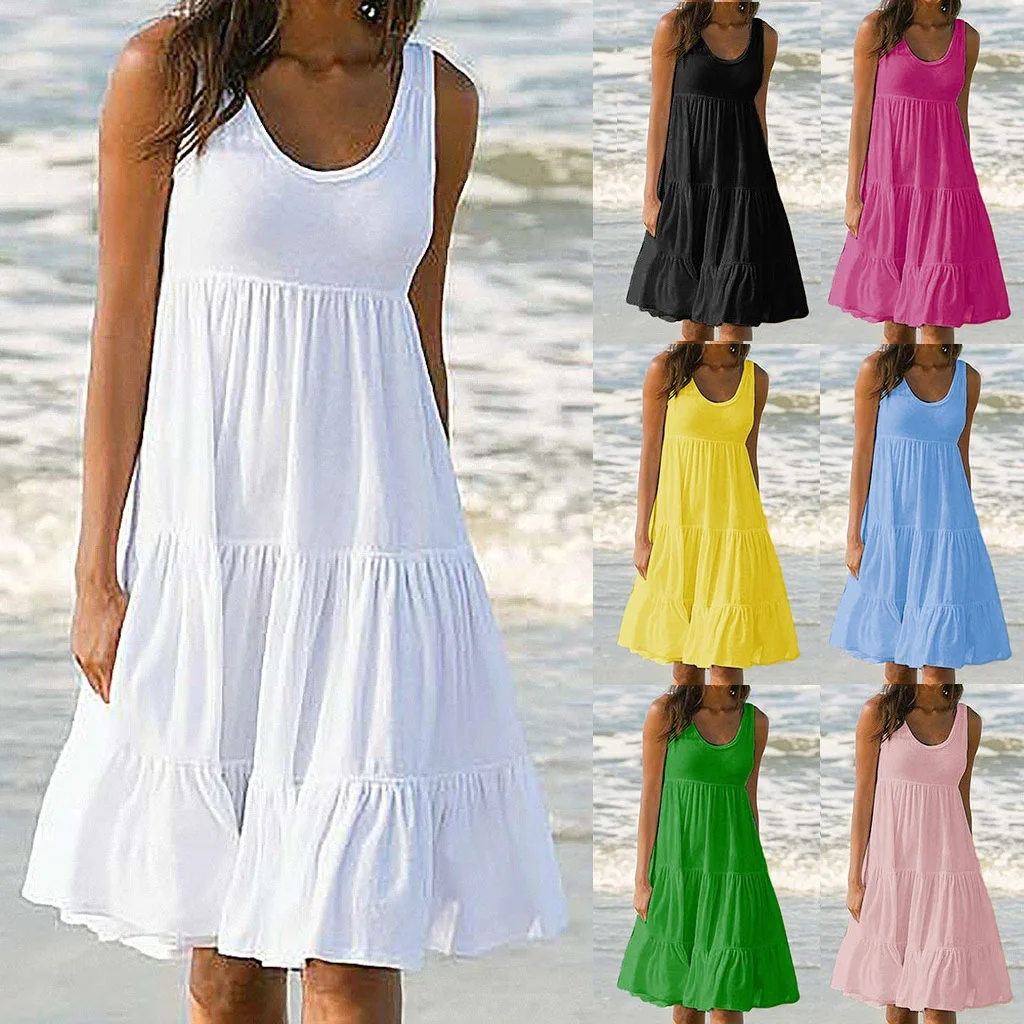 

2021 Summer Beach Dress Womens Casual Sleeveless Round Neck Pleated Dress Bohemian Holiday Dress White Dress Women