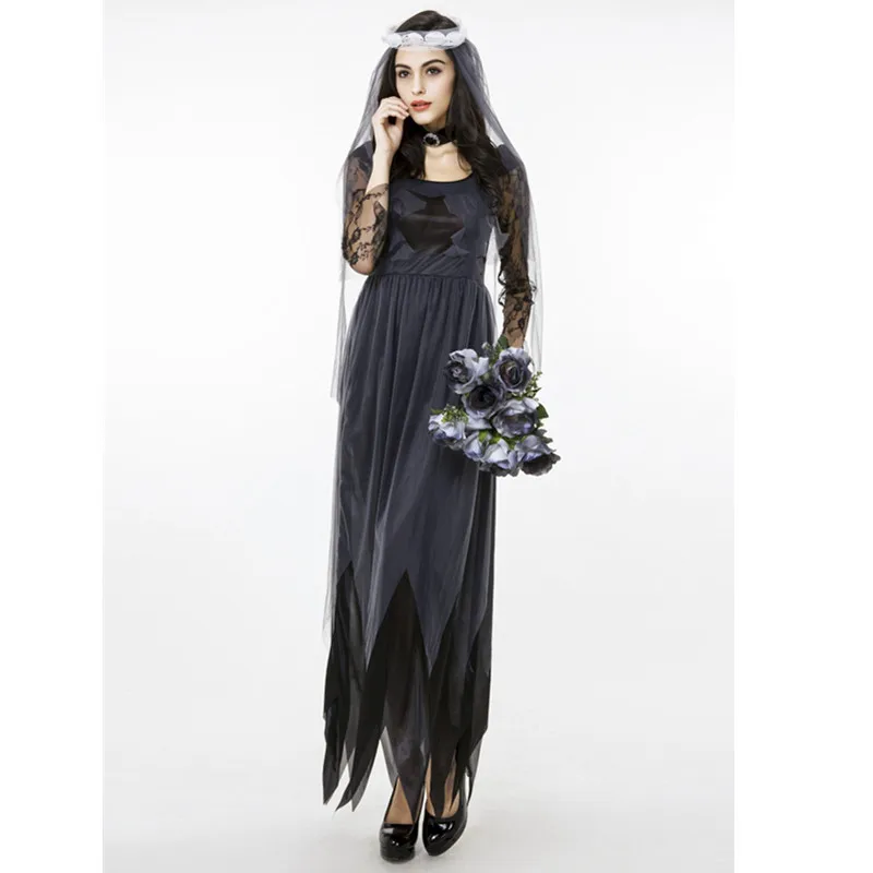 Черный Кружевной Костюм невесты в виде призрака для Хэллоуина карнавала