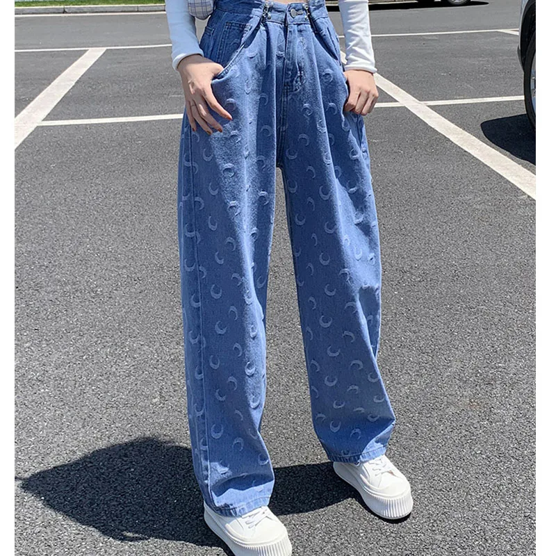 

HFJ Jeans Women's Summer Thin Section 2021 Korean Version All-match High Waist Wide Leg Moon Print Loose Straight Mopping Pants