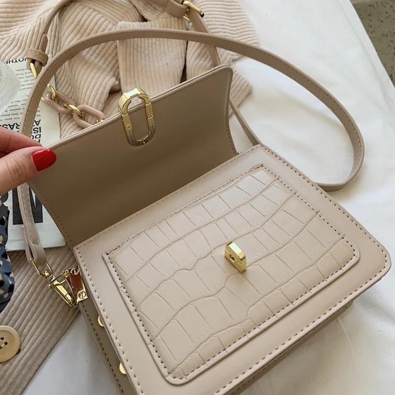 

Women's Hand Bags 2021 Luxury Designer Handbag Vintage Pu Solid Color Alligator Print Chain Messenger Shoulder Bags for Women