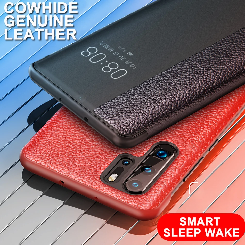 

Cowhide Genuine Flip Leather Case For Huawei P30 P20 Pro Business Smart Sleep Wake Cell Phone Cover Cases For P 30 20 Pro Coque