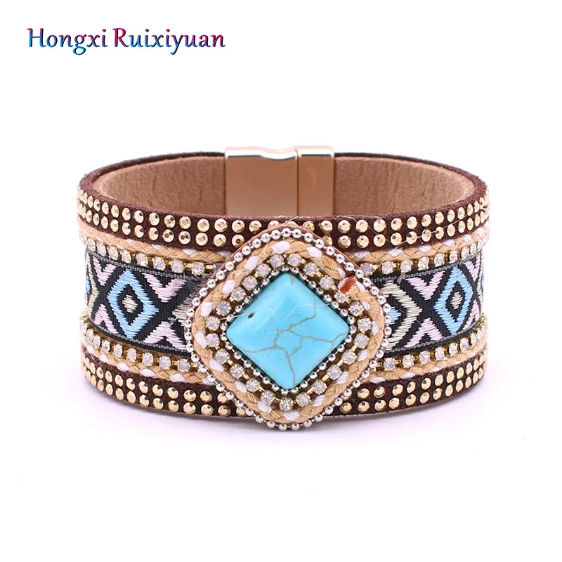 

Handmade Jewelry Bracelet Bohemian Style Retro Geometric Pattern Bracelet Rhinestone Braided Leather Friendship Bracelet Jewelry