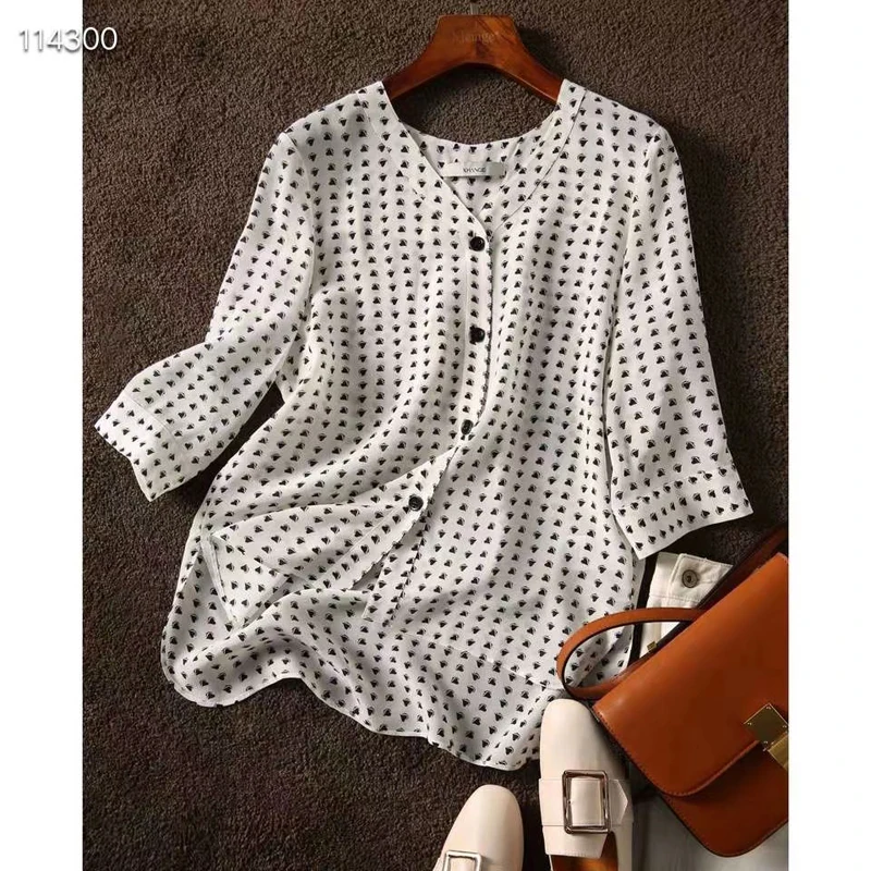 

100% Silk Shirt Women Fashion Casual Day Short Sleeve Print Shirt N5xiaof