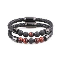 new fashion jewelry men bracelet natural stone stainless steel magnet genuine leather bracelet men women