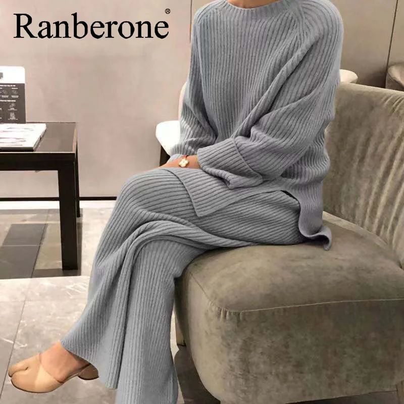 Элегантный женский комплект Ranberone из двух предметов Свободный пуловер + широкие