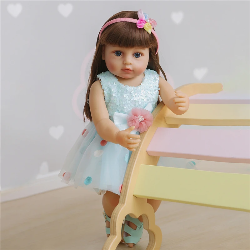 

55CM Full Body Silicone Reborn Doll Toddler Girl Blue Dress Princess Doll Newborn Playmate Soothing Kids Toys Christmas Gifts