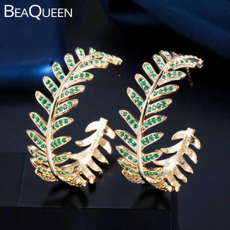 

BeaQueen Big Green Leaf Shape 585 Gold Bridal Circle Hoop Earrings Cubic Zirconia Boho Jewelry Accessories for Wedding E397