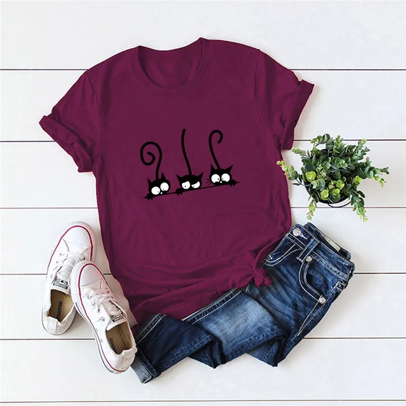 

Summer Women T Shirt Cute Cats Print TShirt Female Tops Streetwear O Neck Short Sleeve Tees Cotton Graphic Tee Kawaii Clothes