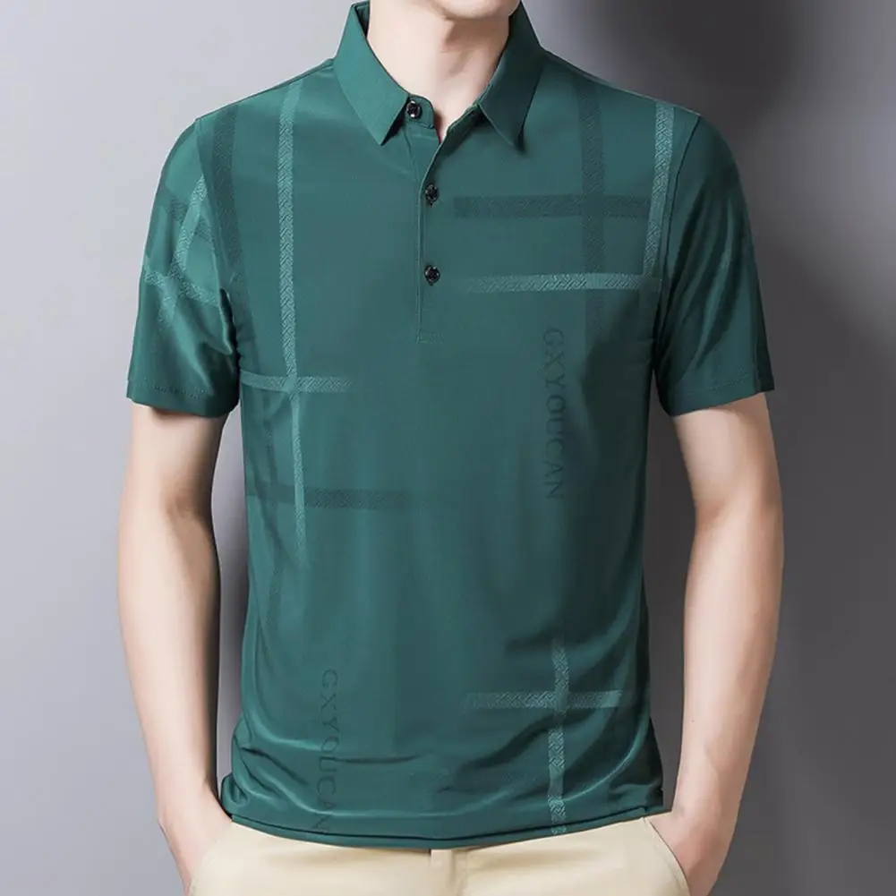 

Men Striped Turndown Collar Shirt Skin-friendly Summer Thin T-Shirt Breathable Slim Male Tops for Party