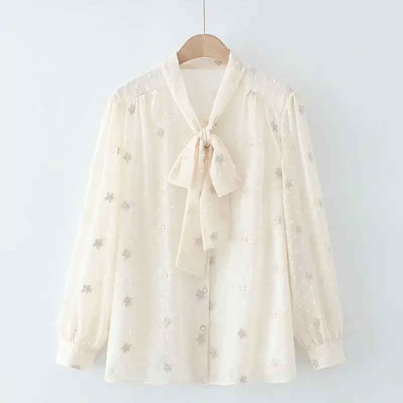 

women's oversize shirt bow floral embroidery woman blouses 2021 autumn Long sleeve chiffon Female clothing white blue Beige