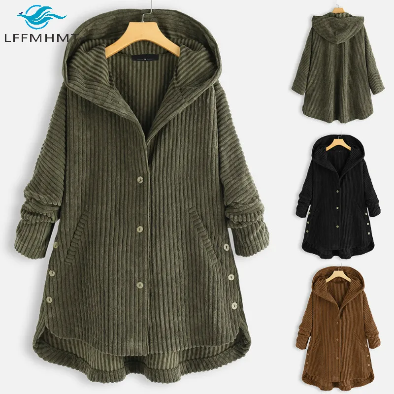 

Women Winter Fall Fashion Long Sleeve Solid Color Hooded Button Up Casual Coats Female M-5XL Large Size Cotton Corduroy Clothing