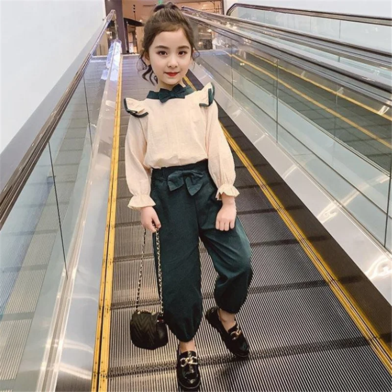 Осенний костюм для девочек свитшот с капюшоном и штаны комплект детской одежды