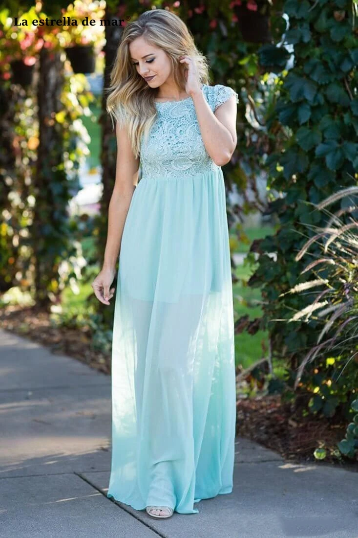 

Mint green wedding party gown lace chiffon sleeve BacklessA Line country bridesmaid dress Floor Length robe demoiselle honneur