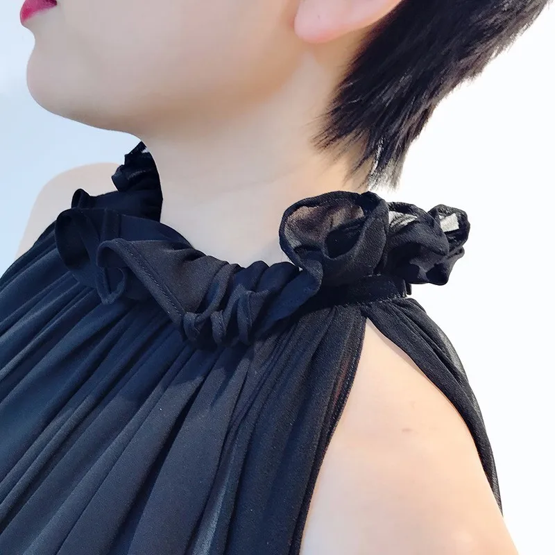 

VGH Hollow Out Chiffon Shirt For Women Stand Collar Lantern Sleeve Sexy Black Blouse Female 2020 Fashion Clothing 2020 Stylish